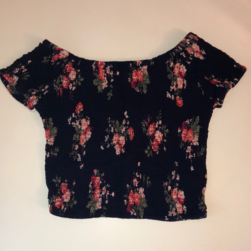 Ruched floral t-shirt, navy blue with flowers